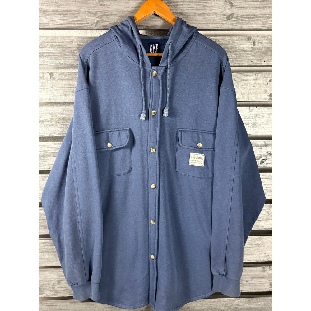 Vintage 90s Gap Men Blue Button Front Hoodie Sweatshirt M/L grunge utility skate